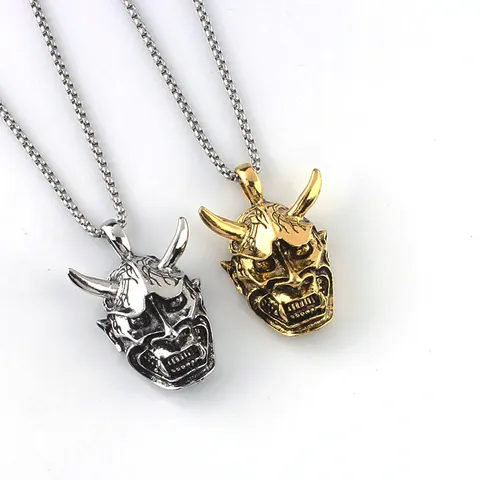 Vintage Hannya Mask Pendant Necklace For Men Stainless Steel Box Chain Antique Alloy Ghost Head Hip Hop Punk Jewelry