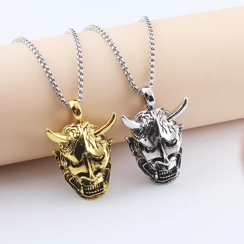 Vintage Hannya Mask Pendant Necklace For Men Stainless Steel Box Chain Antique Alloy Ghost Head Hip Hop Punk Jewelry