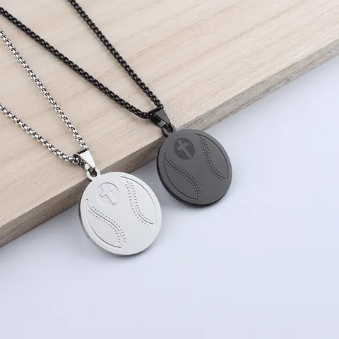 Collier Pendentif Croix de Sport en Acier Inoxydable pour Hommes Rond Basketball Baseball Football Volleyball Bijoux