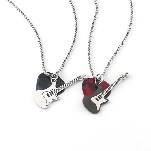 Stainless Steel Rock Guitar Pick Pendant Necklace For Men Women Music Jewelry Marble Texture Long Bead Chain Sweater Necklace Gift