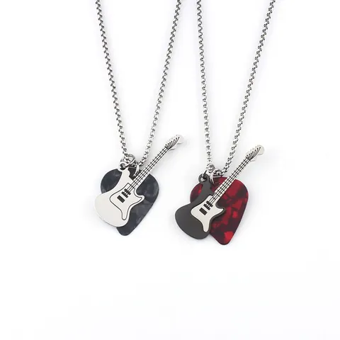 Stainless Steel Rock Guitar Pick Pendant Necklace For Men Women Music Jewelry Marble Texture Long Bead Chain Sweater Necklace Gift