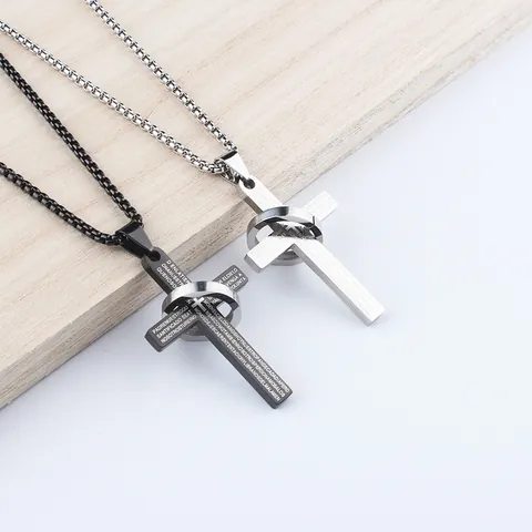 Edelstahl Kreuz Anhänger Halskette Mit Ring Spanische Schrift Gravur Padre Nuestro Gebet Religiöser Punk Herren Damen Schmuck
