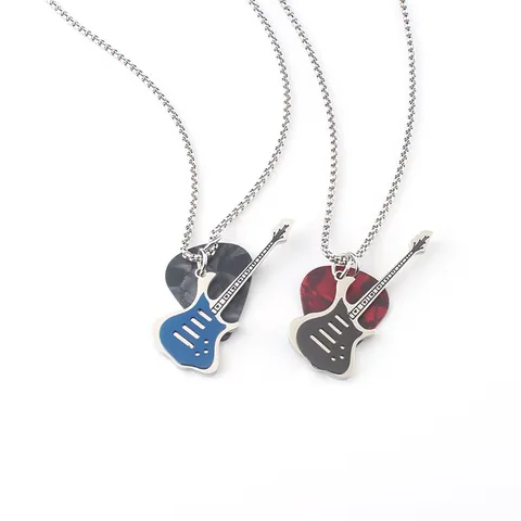 Stainless Steel Electric Guitar Pick Pendant Necklace Rock Hip Hop Music Theme Jewelry For Men Women Fashion Long Chain Accessory
