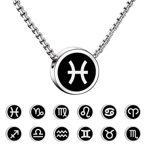Stainless Steel Twelve Zodiac Sign Pendant Necklace For Men Women Hip Hop Black Enamel Round Constellation Jewelry Gift