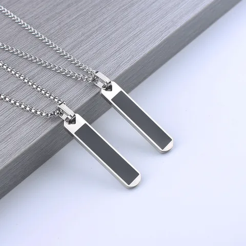 Minimalistische Edelstahl Stab Anhänger Halskette Für Herren Unisex Industriestil Schwarz Emaille Eingelegt Geometrischer Schmuck