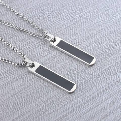 Minimalistische Edelstahl Stab Anhänger Halskette Für Herren Unisex Industriestil Schwarz Emaille Eingelegt Geometrischer Schmuck