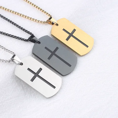 Collar Con Colgante Dog Tag De Cruz De Acero Inoxidable Vintage Para Hombre Estilo Minimalista De Metal Cepillado Joyería Religiosa Regalo