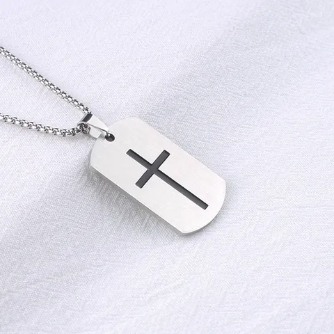 Collar Con Colgante Dog Tag De Cruz De Acero Inoxidable Vintage Para Hombre Estilo Minimalista De Metal Cepillado Joyería Religiosa Regalo