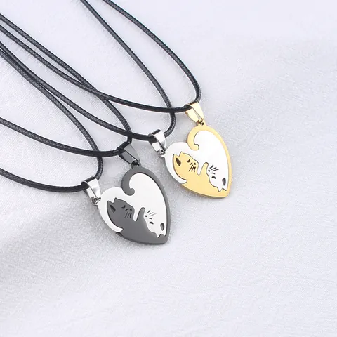 Stainless Steel Cat Dog Matching Pendant Necklace Set Heart Round Yin Yang Puzzle Jewelry Gift For Couples Best Friends