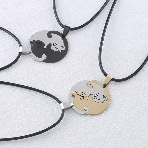 Stainless Steel Cat Dog Matching Pendant Necklace Set Heart Round Yin Yang Puzzle Jewelry Gift For Couples Best Friends