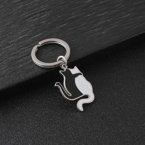 Roestvrij Stalen Kat Sleutelhanger Schattige Zwart Witte Knuffelende Katten Sleutelring Tas Hanger Cadeau Voor Koppels Vrienden