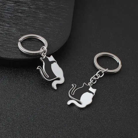 Roestvrij Stalen Kat Sleutelhanger Schattige Zwart Witte Knuffelende Katten Sleutelring Tas Hanger Cadeau Voor Koppels Vrienden