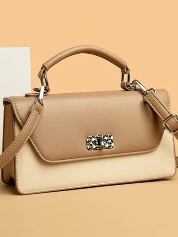 Elegant PU Leather Baguette Bag For Women Fashion Solid Color Patchwork Handbag Minimalist Shoulder Crossbody Bag With Metal Lock Office Daily Travel