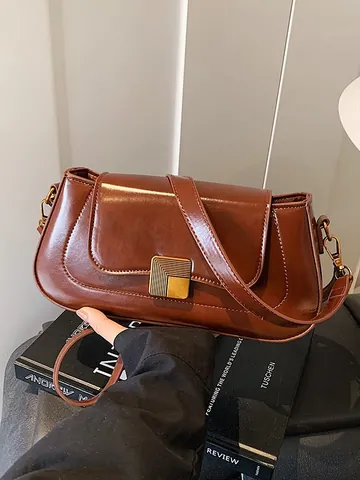 Women Vintage PU Leather Underarm Bag French Style Baguette Shoulder Bag With Geometric Gold Buckle Daily Casual Handbag