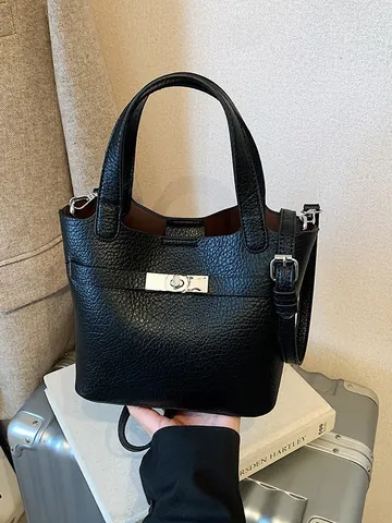 Dames Litchi Textuur PU Leer Emmertas Metalen Draaisluiting Afneembare Riem Handvat Daily Crossbody Schoudertas Beer Hanger