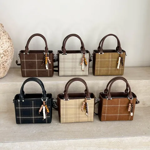 Women Retro Plaid Grid Handbag Minimalist PU Leather Crossbody Bag With Wood Bead Tassel Charm Square Shoulder Bag For Casual Commute