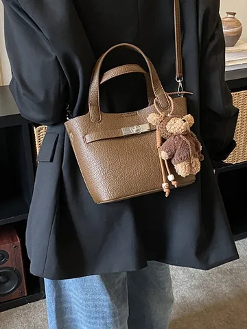 Dames Litchi Textuur PU Leer Emmertas Metalen Draaisluiting Afneembare Riem Handvat Daily Crossbody Schoudertas Beer Hanger