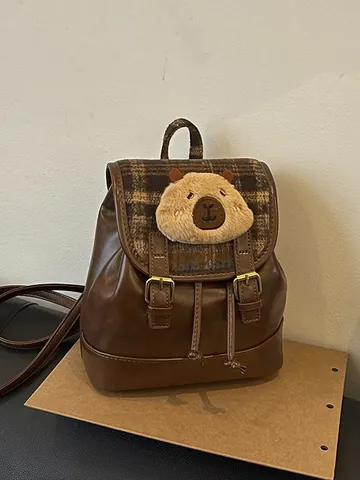 Koreaanse Stijl Vintage Ruitjes Mini Rugzak Dames Met Schattige Capibara Pluche Decor PU Leer Kleine School Reistas