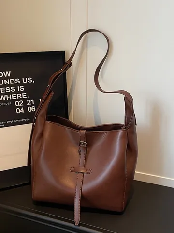 Bolso Tote de Cuero PU Vintage Con Hebilla de Cinturón Bolso de Hombro Gran Capacidad Color Sólido Simple para Mujer Diario