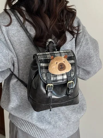 Koreaanse Stijl Vintage Ruitjes Mini Rugzak Dames Met Schattige Capibara Pluche Decor PU Leer Kleine School Reistas
