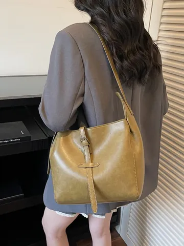 Bolso Tote de Cuero PU Vintage Con Hebilla de Cinturón Bolso de Hombro Gran Capacidad Color Sólido Simple para Mujer Diario