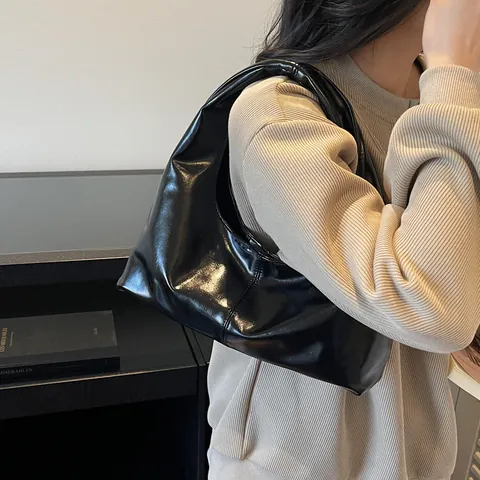 Vintage Glänzend PU Leder Hobo Tasche Damen Minimalistisch Dumpling Achselhöhle Tasche Retro Glänzend Schulter Handtasche Alltag Pendler Tasche