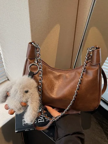 Damen Koreanisch Einfach PU Leder Baguette Tasche Lässig Hobo Umhängetasche Mit Kette Und Plüschhasen Anhänger