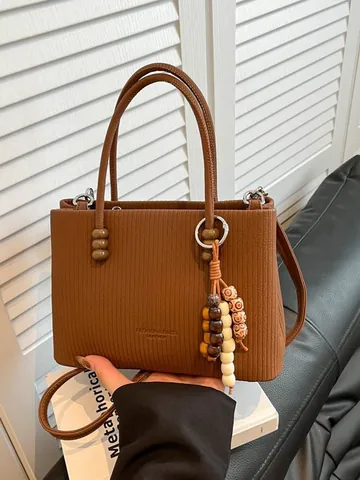 Borsa Quadrata Vintage in Pelle PU a Righe Verticali per Donna Con Ciondolo in Perline di Legno Piccola Borsa a Tracolla