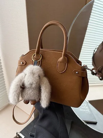 Bolso Baguette de Cuero PU Mate Vintage Para Mujer Bolso de Mano Retro Con Colgante de Conejo Color Sólido Bandolera