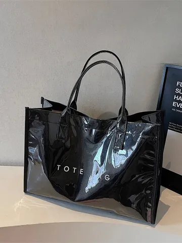 Women's Large Glossy PVC Tote Bag Retro Letter Print Commuter Shoulder Handbag Waterproof Fashion Casual Shopping Bag