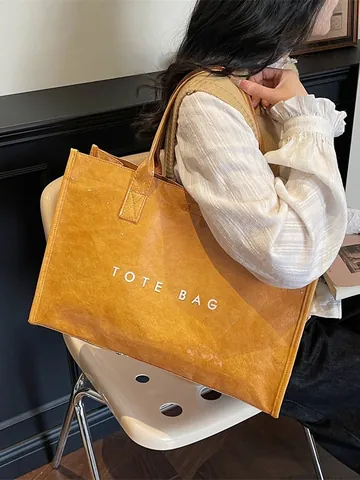 Women's Large Glossy PVC Tote Bag Retro Letter Print Commuter Shoulder Handbag Waterproof Fashion Casual Shopping Bag