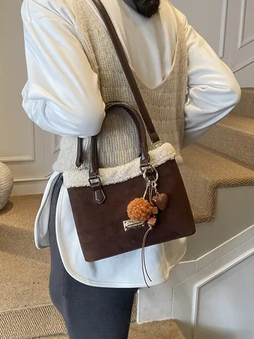 Borsa a Secchiello Vintage a Quadri da Donna Autunno Inverno con Finta Pelliccia di Agnello Patchwork Look Scamosciato Tracolla
