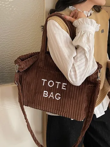 Borsa Tote in Velluto a Coste Donna Grande Capacità Ricamo Lettere Tracolla a Spalla Casual Pendolare Retrò Satchel