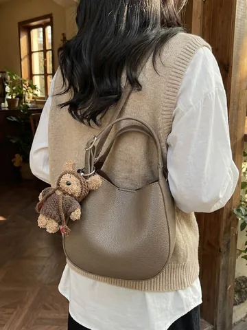 Women's Korean Style Lychee Grain PU Leather Bucket Bag And Pouch Versatile Shoulder Crossbody Handbag With Bear Pendant