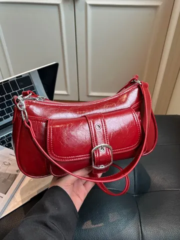 Borsa a Spalla Baguette in Pelle Sintetica Lucida Retro da Donna Con Tasca Frontale Fibbia Versatile Borsa Sottobraccio