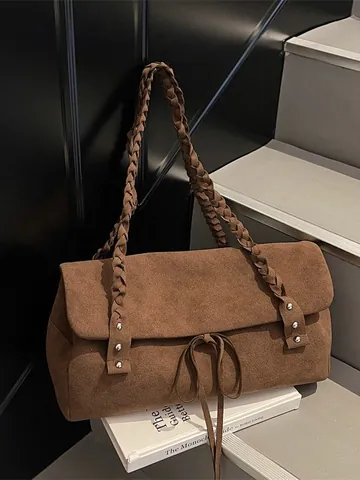 Minimalist Suede-like Velvet Tote Bag For Women Retro Woven Strap Shoulder Bag With Bow Rivet Detail Commuter Handbag