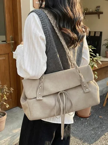 Minimalist Suede-like Velvet Tote Bag For Women Retro Woven Strap Shoulder Bag With Bow Rivet Detail Commuter Handbag
