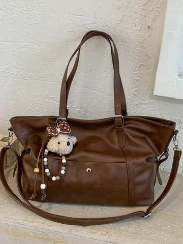 Women Retro Large Capacity PU Leather Tote Bag Minimalist Sophisticated Commuter Shoulder Bag With Plush Bear Charm For Daily Work