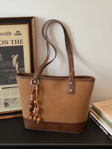 Damen Vintage PU Leder Tote Bag Pendler Umhängetasche Große Kapazität Handtasche Mit Holzperlen Quaste Anhänger