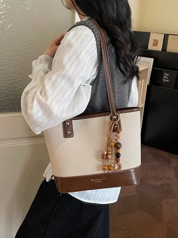 Damen Vintage PU Leder Tote Bag Pendler Umhängetasche Große Kapazität Handtasche Mit Holzperlen Quaste Anhänger