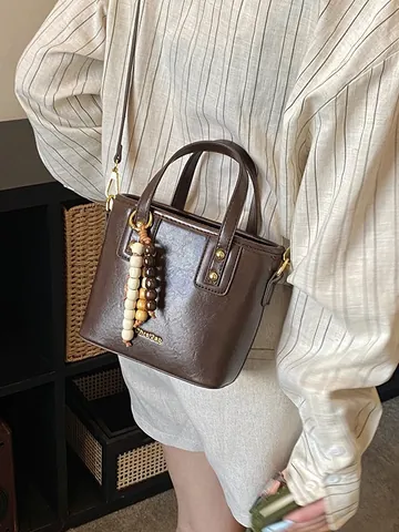 Sac Seau Rétro en Cuir PU pour Femmes Avec Charme Perlé Vintage Couleur Unie Sac à Main Sac Bandoulière pour Voyage Quotidien