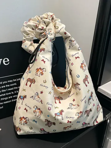 Borsa Tote in Tela con Stampa a Cavallo per Donna Grande Capacità Borsa a Spalla Casual Con Tracolla Plissettata a Cerniera