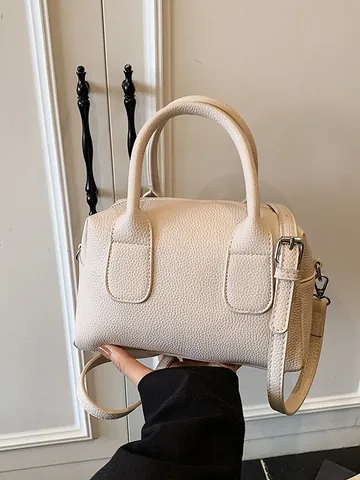 Damen Litschi-Muster PU-Leder Boston Bag Minimalistisch Handgehaltene Schulter-Umhängetasche Retro Reißverschluss Kleine Tote Tasche