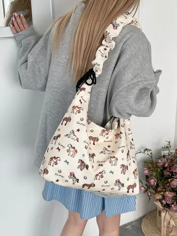 Borsa Tote in Tela con Stampa a Cavallo per Donna Grande Capacità Borsa a Spalla Casual Con Tracolla Plissettata a Cerniera