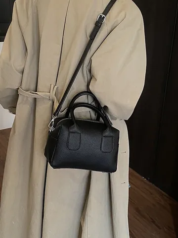 Damen Litschi-Muster PU-Leder Boston Bag Minimalistisch Handgehaltene Schulter-Umhängetasche Retro Reißverschluss Kleine Tote Tasche