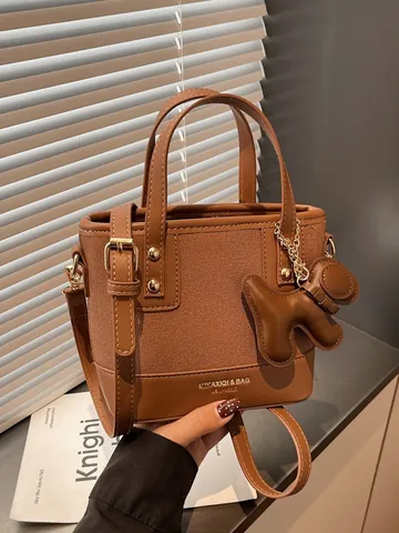 Vintage Damen Eimertasche Kontrastfarbe PU Leder Canvas Nähte Handtasche Kleine Umhängetasche Schultertasche Mit Hund Anhänger