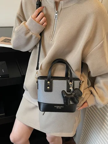 Vintage Damen Eimertasche Kontrastfarbe PU Leder Canvas Nähte Handtasche Kleine Umhängetasche Schultertasche Mit Hund Anhänger