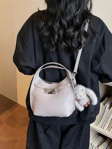 Minimalist Retro PU Leather Bucket Bag And Pouch For Women Fashion Litchi Grain Shoulder Bag With Bunny Pendant