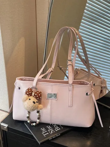 Women Vintage PU Leather Shoulder Tote Bag With Plush Bear Pendant Adjustable Straps Casual Commuting Underarm Bag Handbag