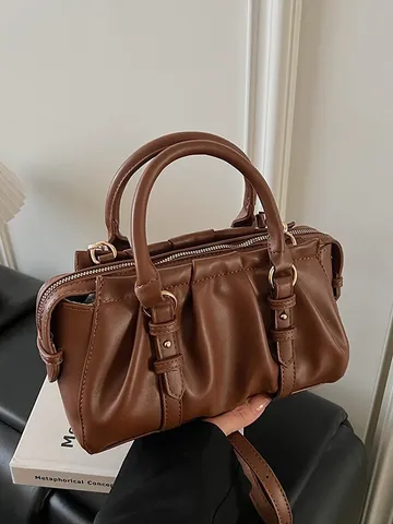 Vintage PU Leder Geraffte Tragetasche Exquisite Plissierte Schulter Umhängetasche Mit Abnehmbarem Gurt Für Damen Pendeln Handtasche